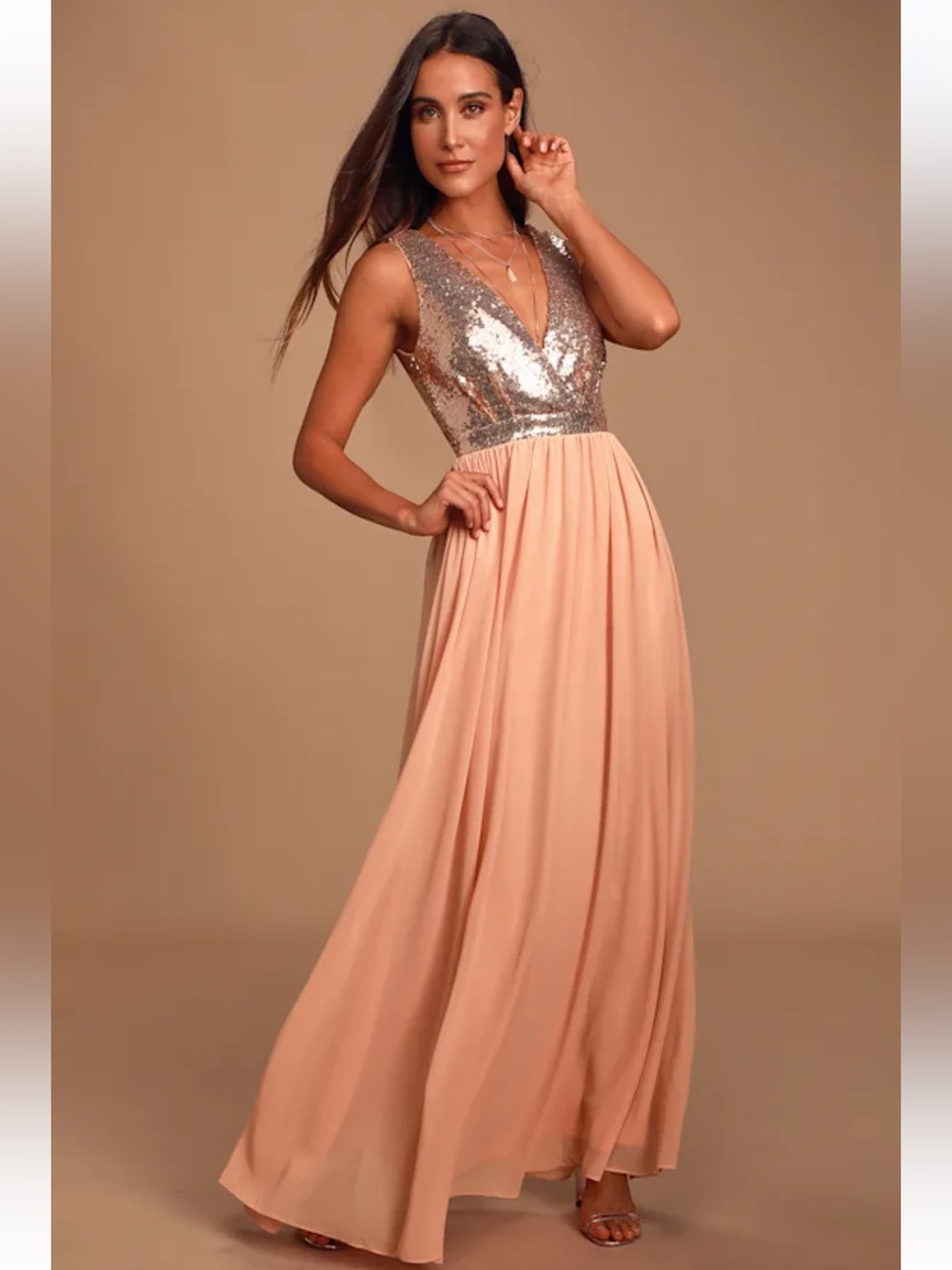 NWT Lulus Elegant Encounter Rose Gold Sequin Maxi Dress